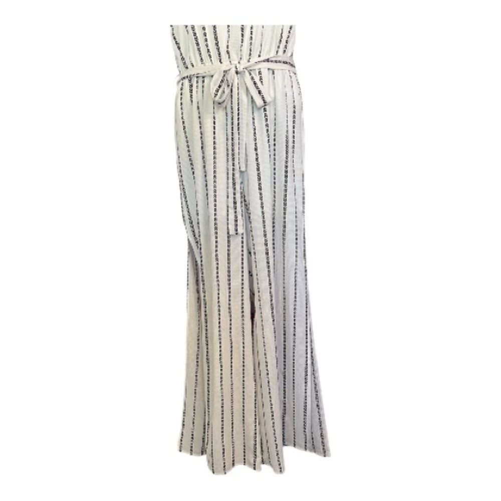EUC One Clothing ivory & brown striped wide leg jumpsuit w/ belt | size large - Picture 5 of 12